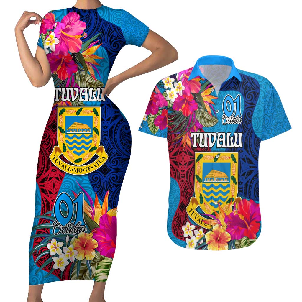 Personalised Tuvalu Independence Day Couples Matching Short Sleeve Bodycon Dress and Hawaiian Shirt 1st October 46th Anniversary Polynesian Jungle Flower