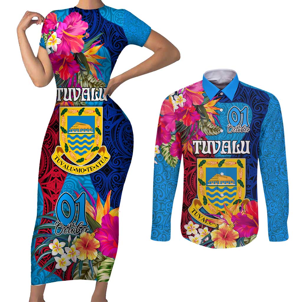 Personalised Tuvalu Independence Day Couples Matching Short Sleeve Bodycon Dress and Long Sleeve Button Shirt 1st October 46th Anniversary Polynesian Jungle Flower LT03 Blue - Polynesian Pride
