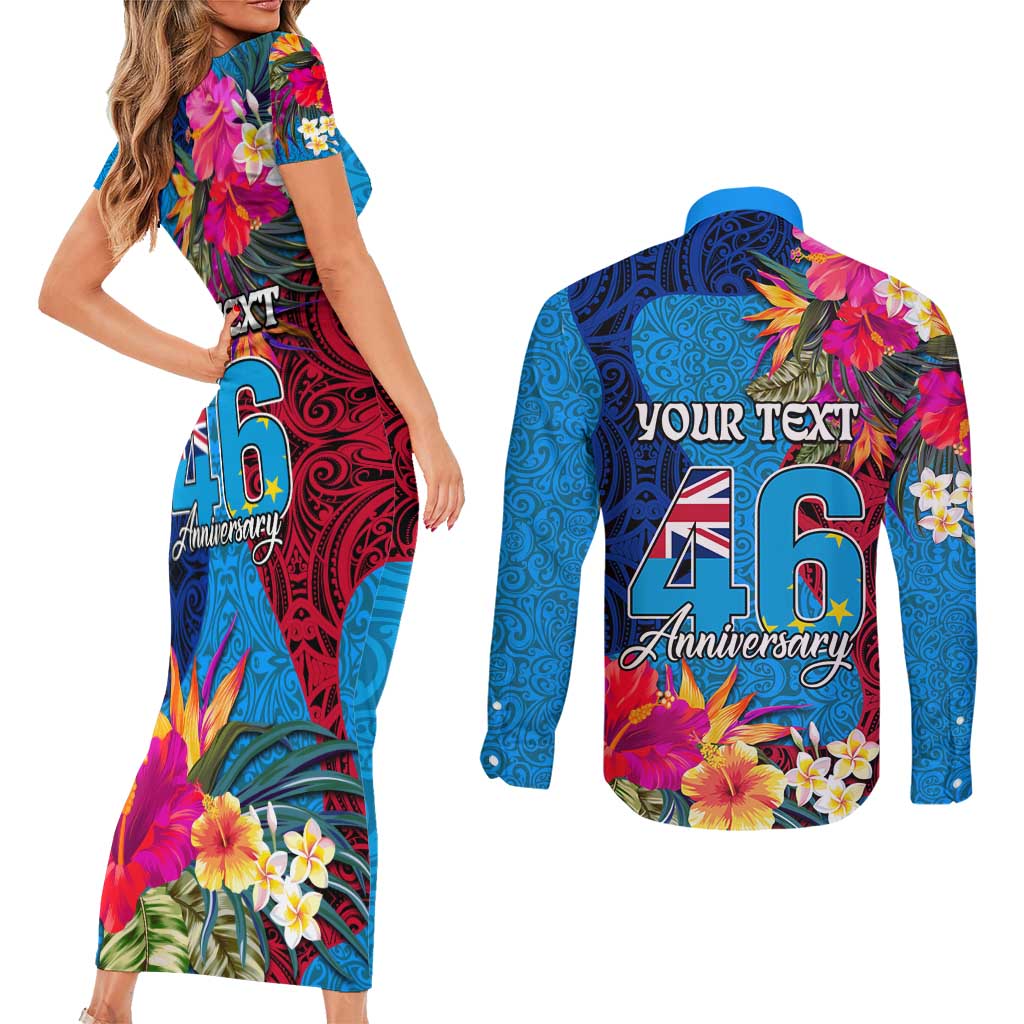 Personalised Tuvalu Independence Day Couples Matching Short Sleeve Bodycon Dress and Long Sleeve Button Shirt 1st October 46th Anniversary Polynesian Jungle Flower LT03 - Polynesian Pride