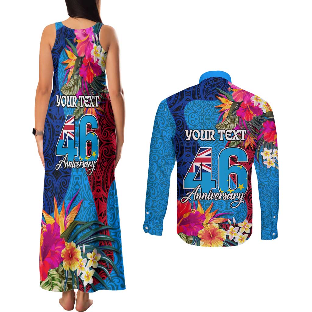 Personalised Tuvalu Independence Day Couples Matching Tank Maxi Dress and Long Sleeve Button Shirt 1st October 46th Anniversary Polynesian Jungle Flower LT03 - Polynesian Pride