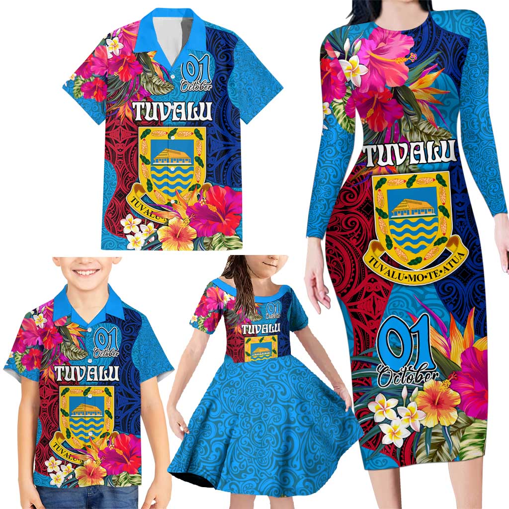 Personalised Tuvalu Independence Day Family Matching Long Sleeve Bodycon Dress and Hawaiian Shirt 1st October 46th Anniversary Polynesian Jungle Flower