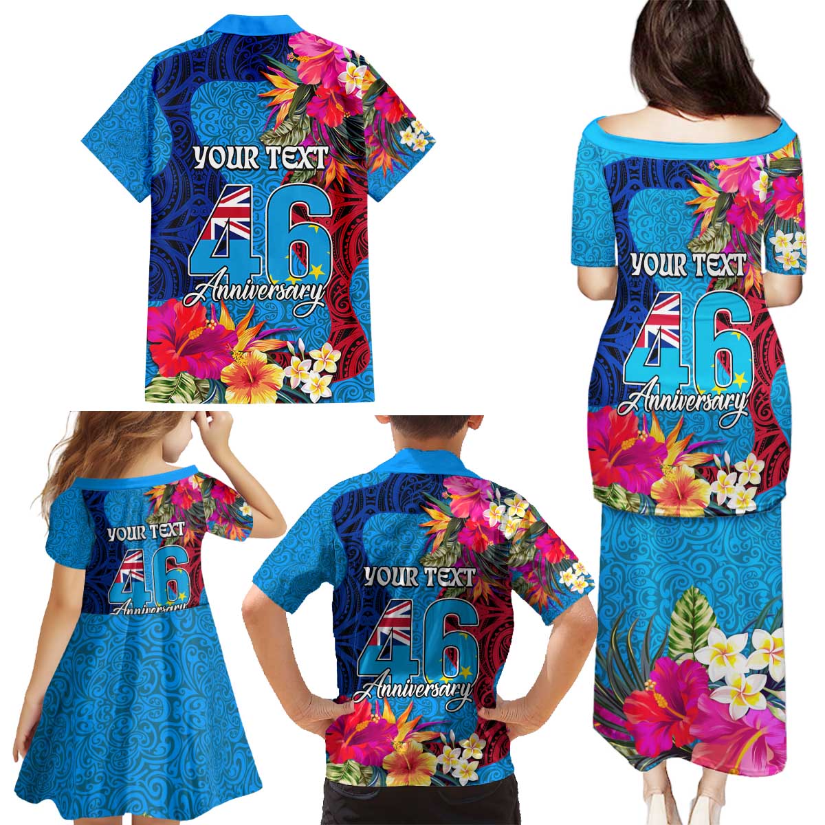 Personalised Tuvalu Independence Day Family Matching Puletasi and Hawaiian Shirt 1st October 46th Anniversary Polynesian Jungle Flower LT03 - Polynesian Pride