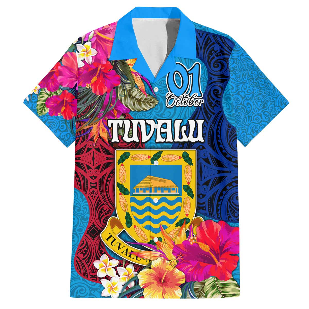 Personalised Tuvalu Independence Day Family Matching Puletasi and Hawaiian Shirt 1st October 46th Anniversary Polynesian Jungle Flower LT03 Dad's Shirt - Short Sleeve Blue - Polynesian Pride