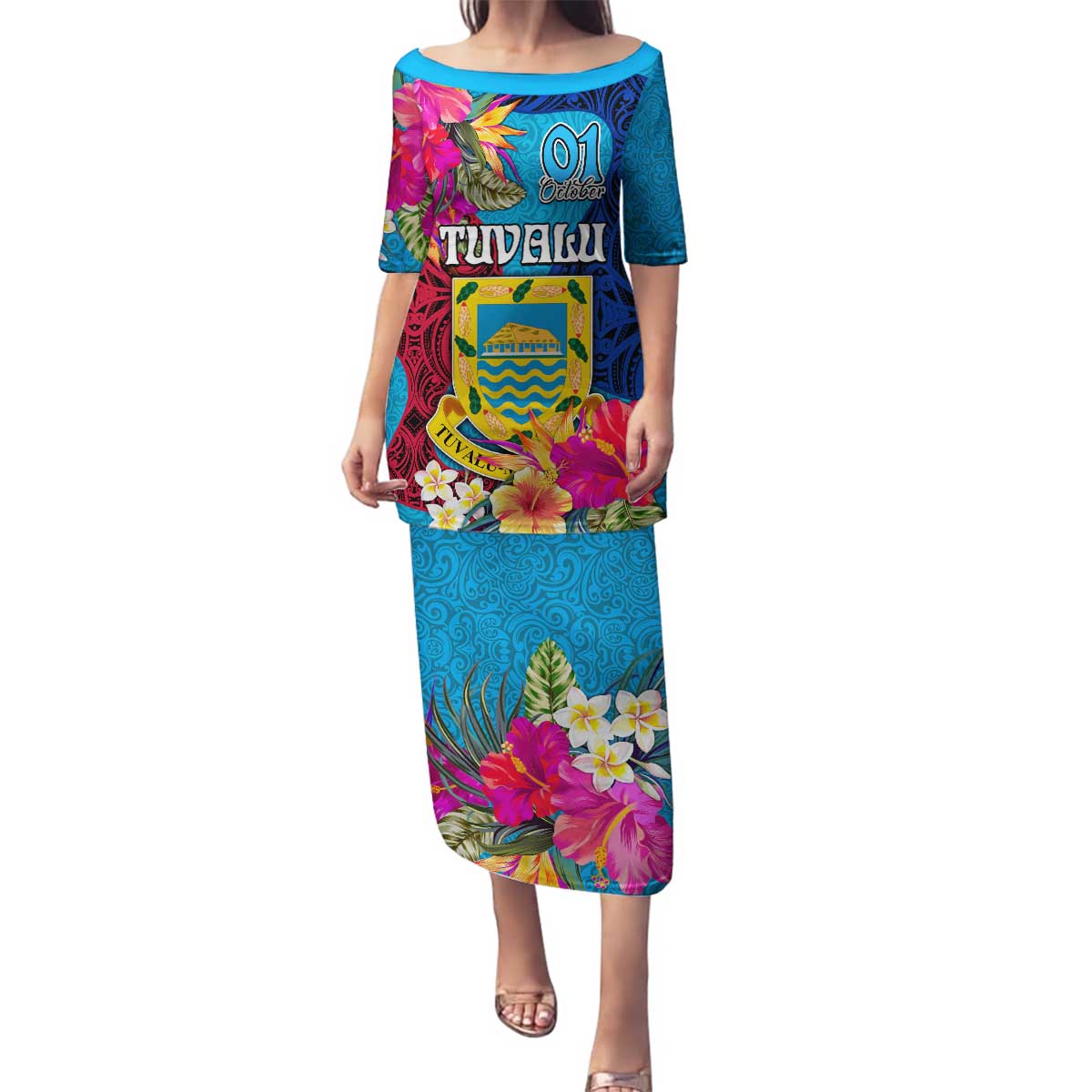 Personalised Tuvalu Independence Day Family Matching Puletasi and Hawaiian Shirt 1st October 46th Anniversary Polynesian Jungle Flower LT03 Mom's Dress Blue - Polynesian Pride