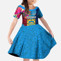 Personalised Tuvalu Independence Day Family Matching Short Sleeve Bodycon Dress and Hawaiian Shirt 1st October 46th Anniversary Polynesian Jungle Flower LT03 Daughter's Dress Blue - Polynesian Pride