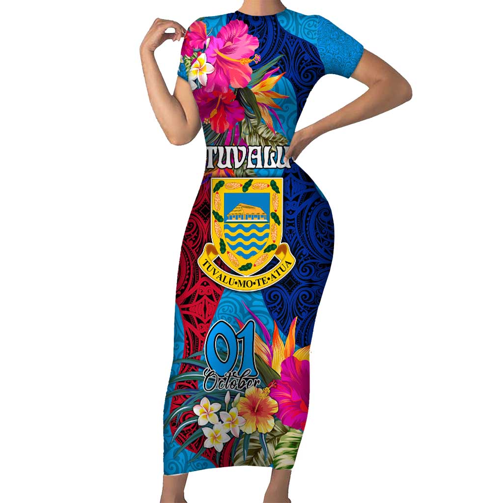 Personalised Tuvalu Independence Day Family Matching Short Sleeve Bodycon Dress and Hawaiian Shirt 1st October 46th Anniversary Polynesian Jungle Flower LT03 Mom's Dress Blue - Polynesian Pride