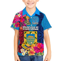 Personalised Tuvalu Independence Day Family Matching Short Sleeve Bodycon Dress and Hawaiian Shirt 1st October 46th Anniversary Polynesian Jungle Flower LT03 Son's Shirt Blue - Polynesian Pride