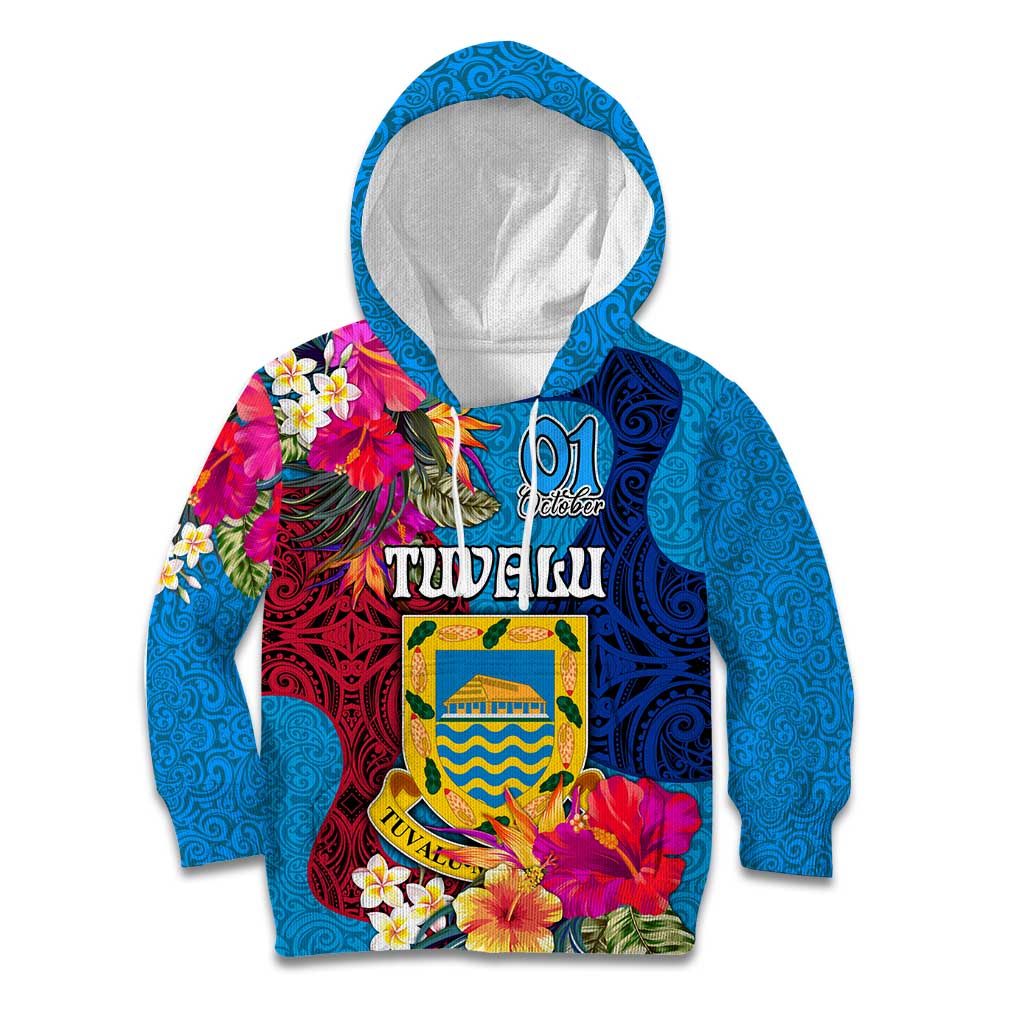 Personalised Tuvalu Independence Day Kid Hoodie 1st October 46th Anniversary Polynesian Jungle Flower