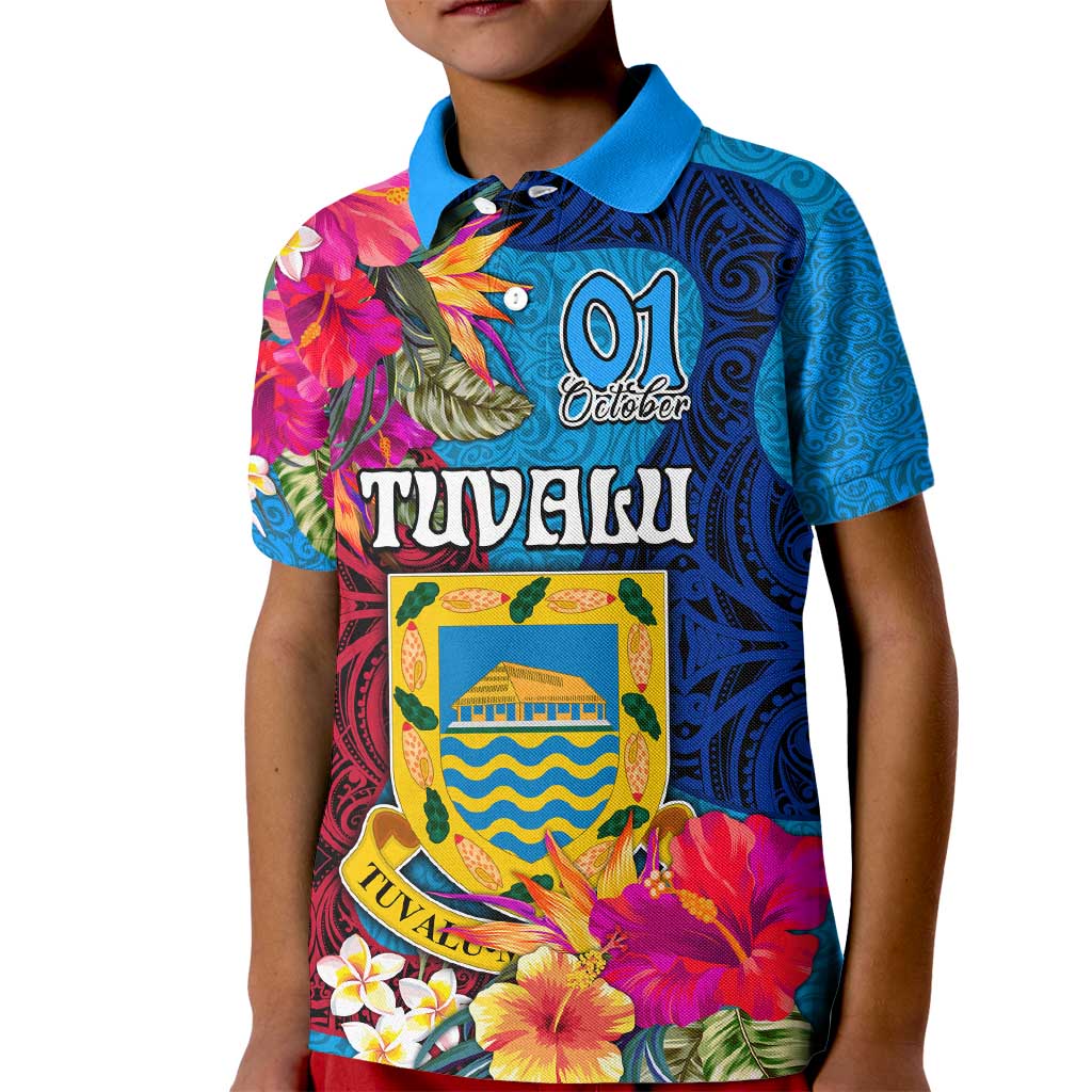 Personalised Tuvalu Independence Day Kid Polo Shirt 1st October 46th Anniversary Polynesian Jungle Flower LT03 Kid Blue - Polynesian Pride