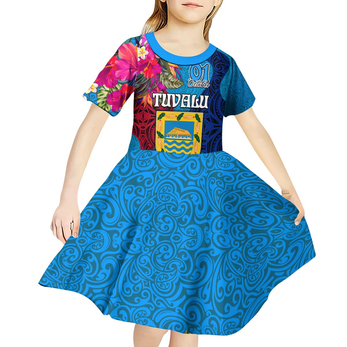 Personalised Tuvalu Independence Day Kid Short Sleeve Dress 1st October 46th Anniversary Polynesian Jungle Flower LT03 - Polynesian Pride