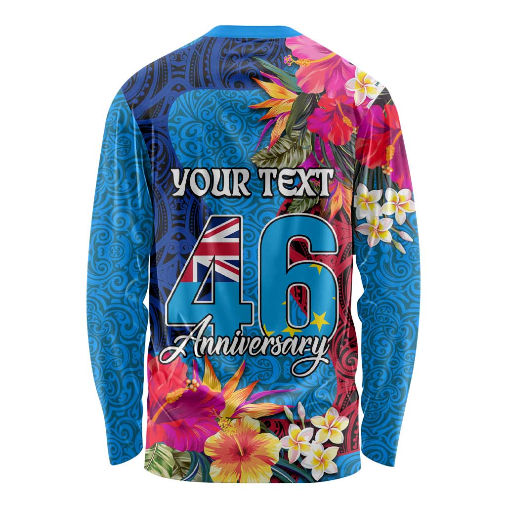 Personalised Tuvalu Independence Day Long Sleeve Shirt 1st October 46th Anniversary Polynesian Jungle Flower