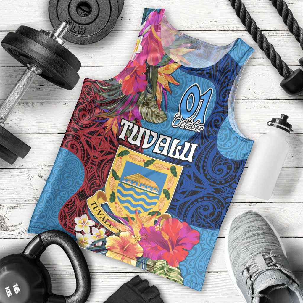 Personalised Tuvalu Independence Day Men Tank Top 1st October 46th Anniversary Polynesian Jungle Flower