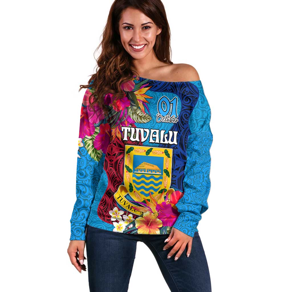 Personalised Tuvalu Independence Day Off Shoulder Sweater 1st October 46th Anniversary Polynesian Jungle Flower