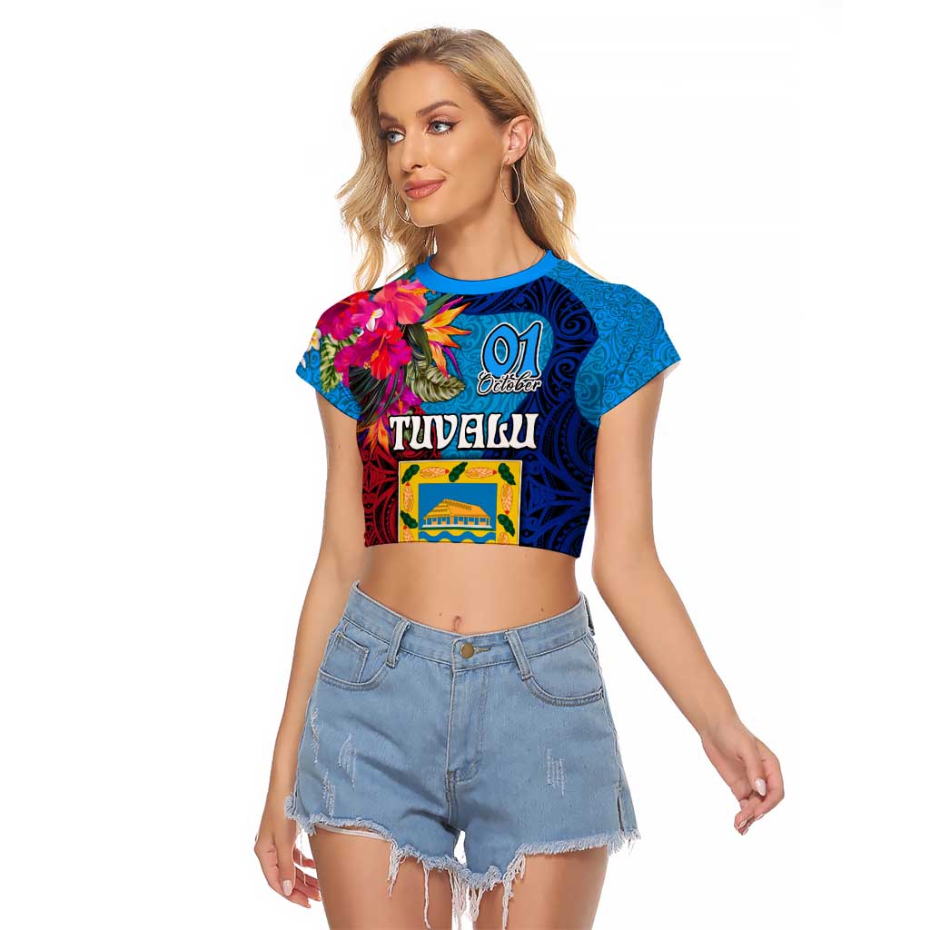 Personalised Tuvalu Independence Day Raglan Cropped T Shirt 1st October 46th Anniversary Polynesian Jungle Flower LT03 Female Blue - Polynesian Pride