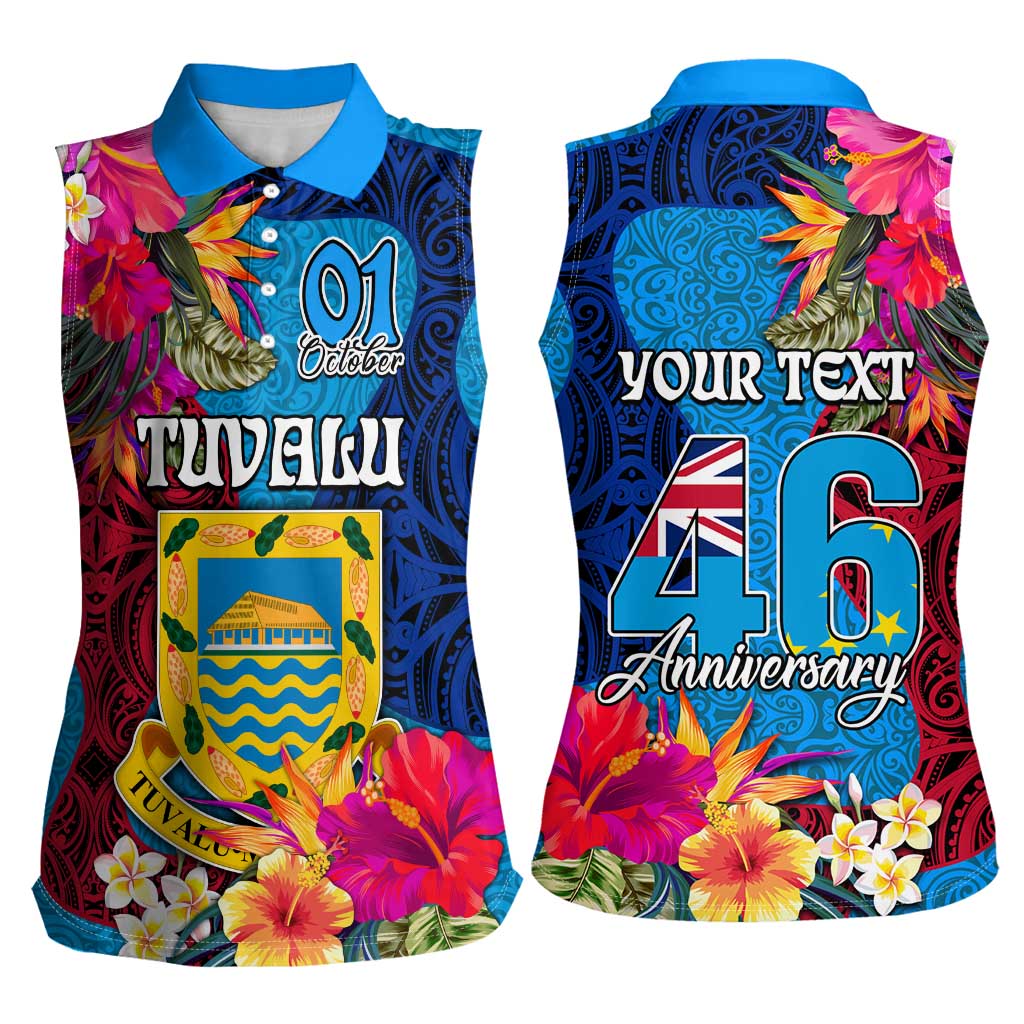 Personalised Tuvalu Independence Day Women Sleeveless Polo Shirt 1st October 46th Anniversary Polynesian Jungle Flower