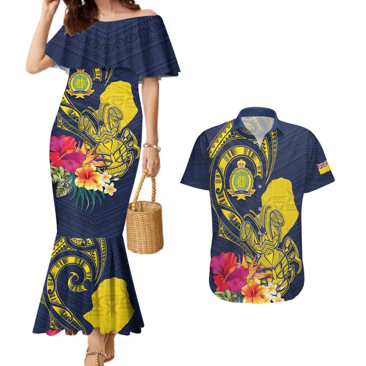 Niue Independence Day Couples Matching Mermaid Dress and Hawaiian Shirt Hiapo Pattern Hibiscus Plumeria and Uga