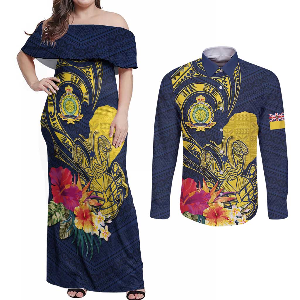 Niue Independence Day Couples Matching Off Shoulder Maxi Dress and Long Sleeve Button Shirt Hiapo Pattern Hibiscus Plumeria and Uga