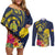 Niue Independence Day Couples Matching Off Shoulder Short Dress and Long Sleeve Button Shirt Hiapo Pattern Hibiscus Plumeria and Uga