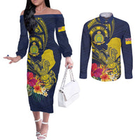 Niue Independence Day Couples Matching Off The Shoulder Long Sleeve Dress and Long Sleeve Button Shirt Hiapo Pattern Hibiscus Plumeria and Uga