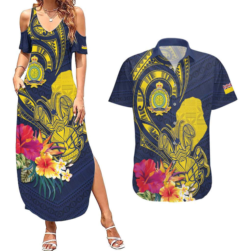 Niue Independence Day Couples Matching Summer Maxi Dress and Hawaiian Shirt Hiapo Pattern Hibiscus Plumeria and Uga