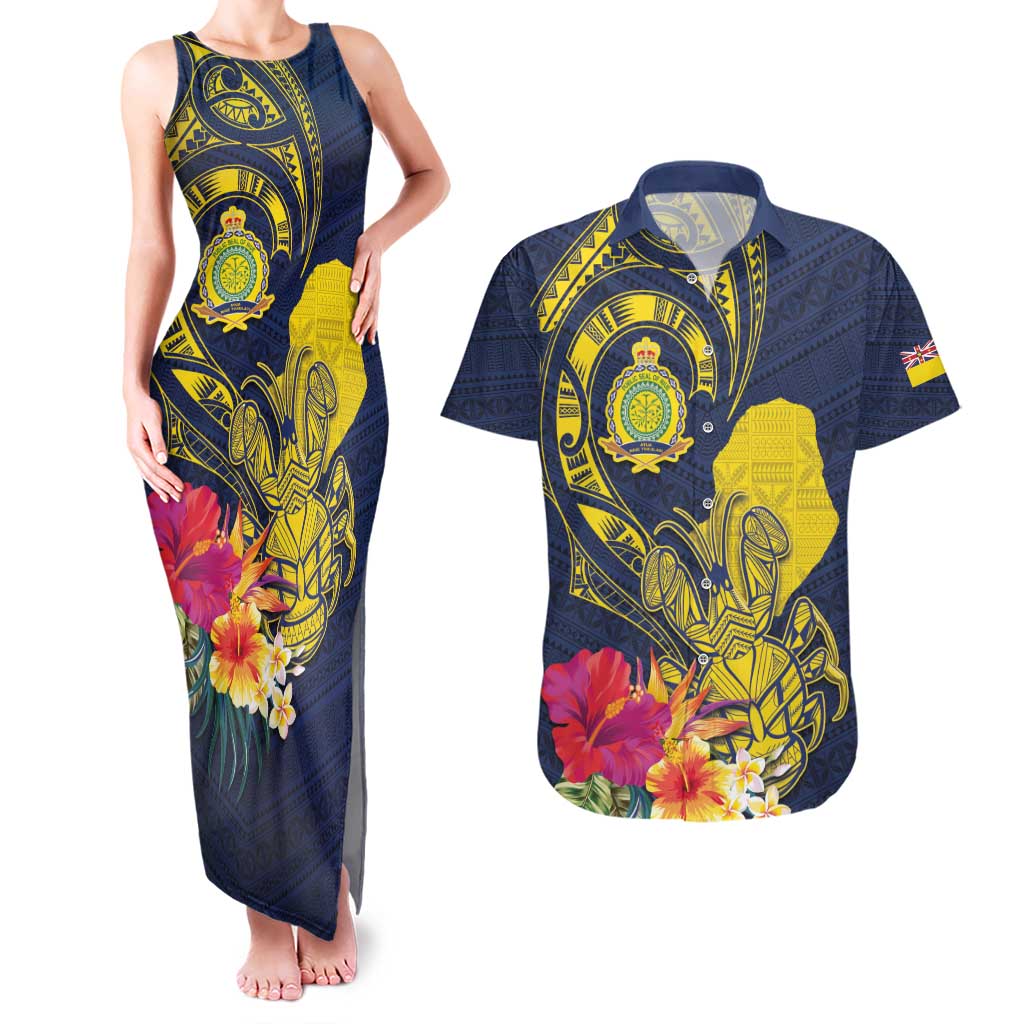 Niue Independence Day Couples Matching Tank Maxi Dress and Hawaiian Shirt Hiapo Pattern Hibiscus Plumeria and Uga LT03 Yellow - Polynesian Pride