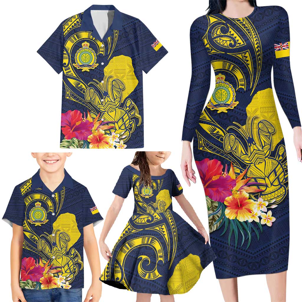 Niue Independence Day Family Matching Long Sleeve Bodycon Dress and Hawaiian Shirt Hiapo Pattern Hibiscus Plumeria and Uga