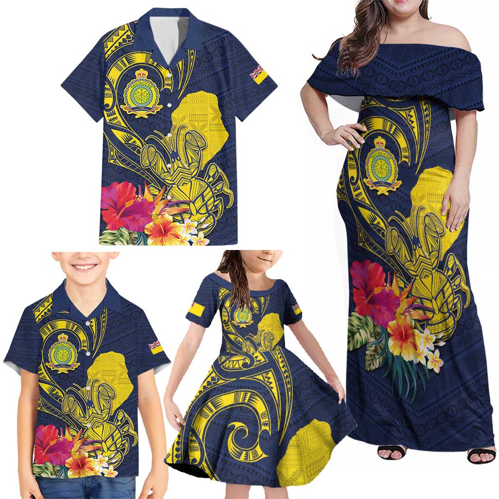 Niue Independence Day Family Matching Off Shoulder Maxi Dress and Hawaiian Shirt Hiapo Pattern Hibiscus Plumeria and Uga