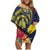 Niue Independence Day Family Matching Off Shoulder Short Dress and Hawaiian Shirt Hiapo Pattern Hibiscus Plumeria and Uga