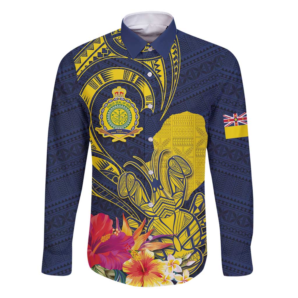 Niue Independence Day Family Matching Tank Maxi Dress and Hawaiian Shirt Hiapo Pattern Hibiscus Plumeria and Uga LT03 Dad's Shirt - Long Sleeve Yellow - Polynesian Pride