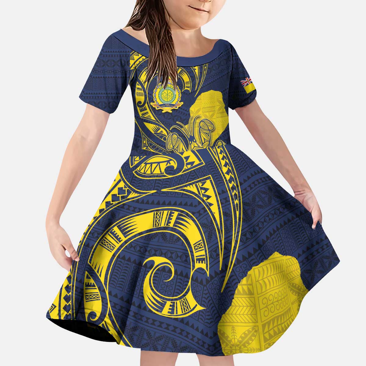 Niue Independence Day Kid Short Sleeve Dress Hiapo Pattern Hibiscus Plumeria and Uga