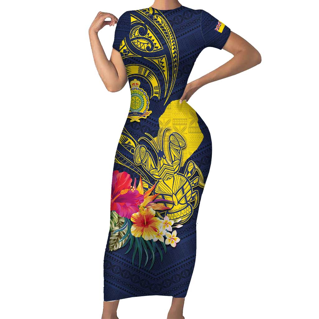 Niue Independence Day Short Sleeve Bodycon Dress Hiapo Pattern Hibiscus Plumeria and Uga