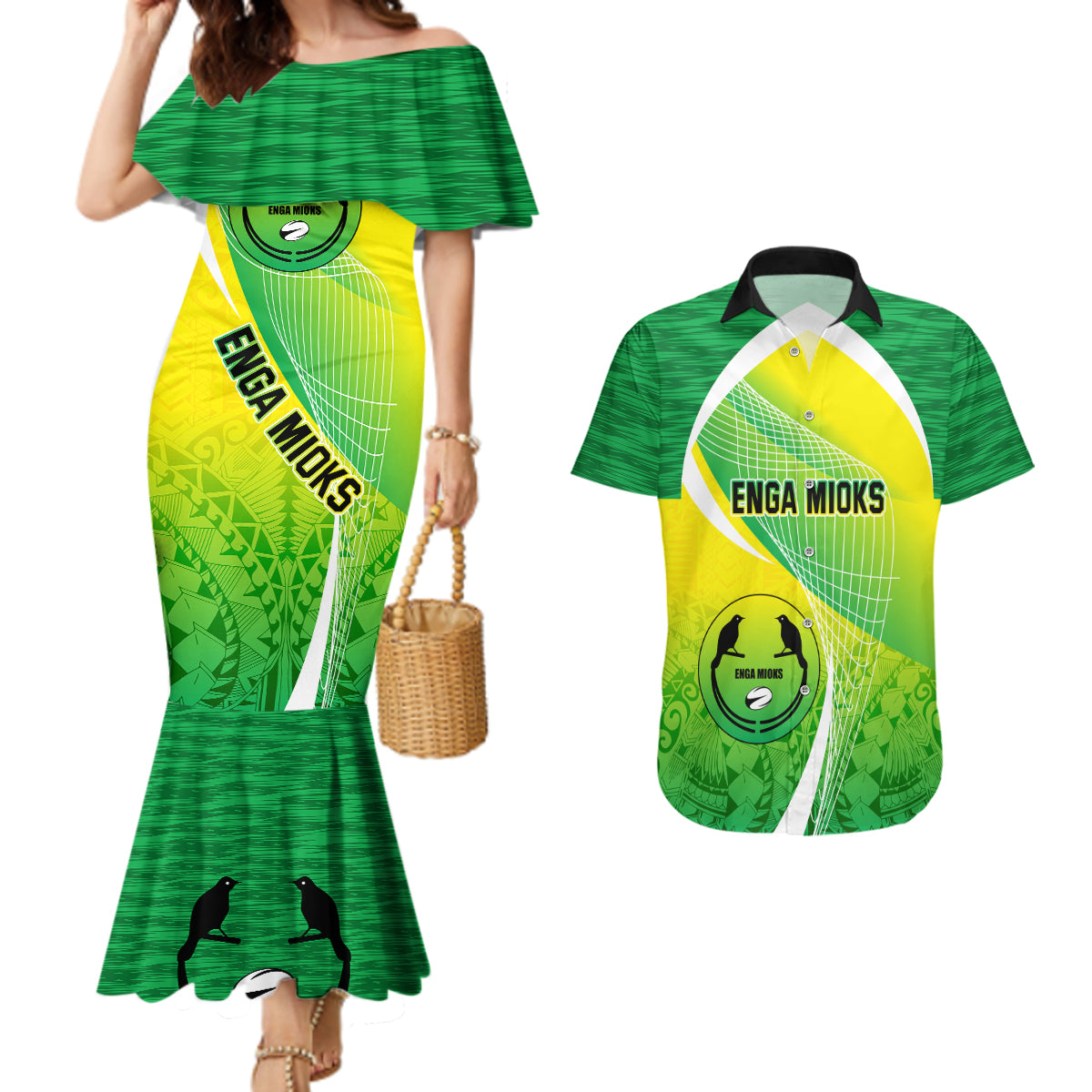 Enga Mioks Rugby Couples Matching Mermaid Dress and Hawaiian Shirt Papua New Guinea Polynesian Tattoo LT03 Green - Polynesian Pride