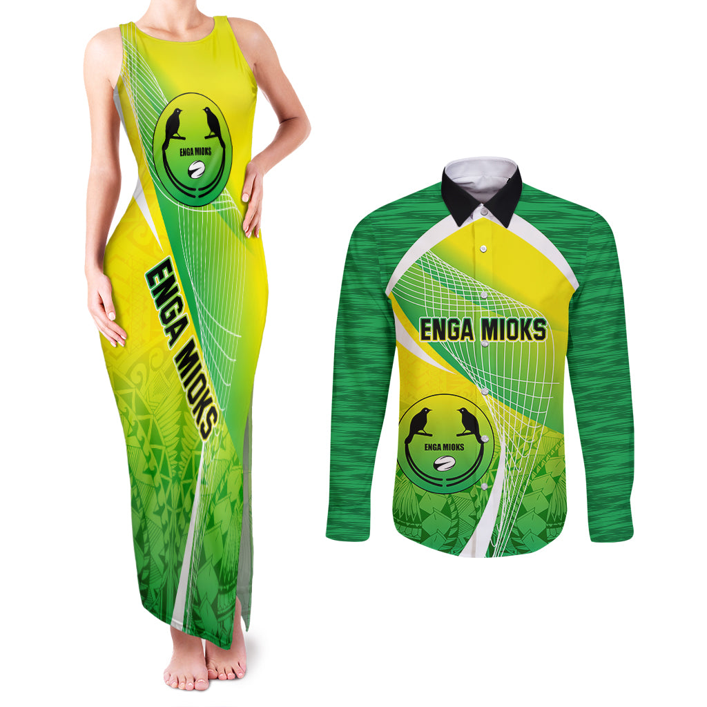 Enga Mioks Rugby Couples Matching Tank Maxi Dress and Long Sleeve Button Shirts Papua New Guinea Polynesian Tattoo LT03 Green - Polynesian Pride