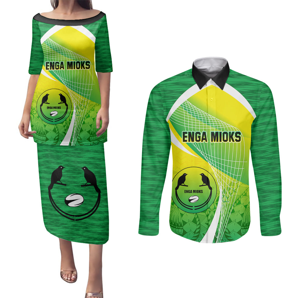 Custom Enga Mioks Rugby Couples Matching Puletasi Dress and Long Sleeve Button Shirts Papua New Guinea Polynesian Tattoo LT03 Green - Polynesian Pride