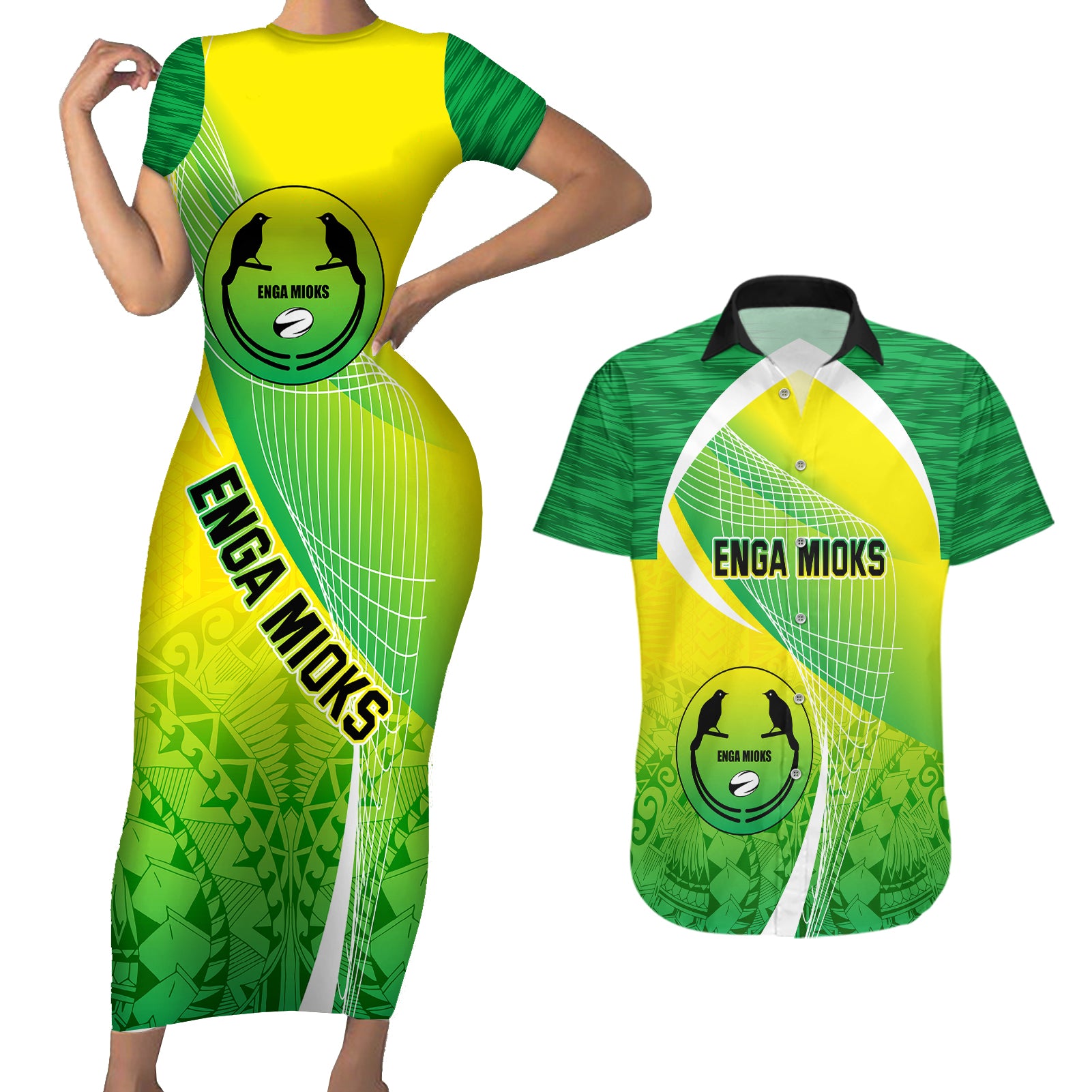 Custom Enga Mioks Rugby Couples Matching Short Sleeve Bodycon Dress and Hawaiian Shirt Papua New Guinea Polynesian Tattoo LT03 Green - Polynesian Pride