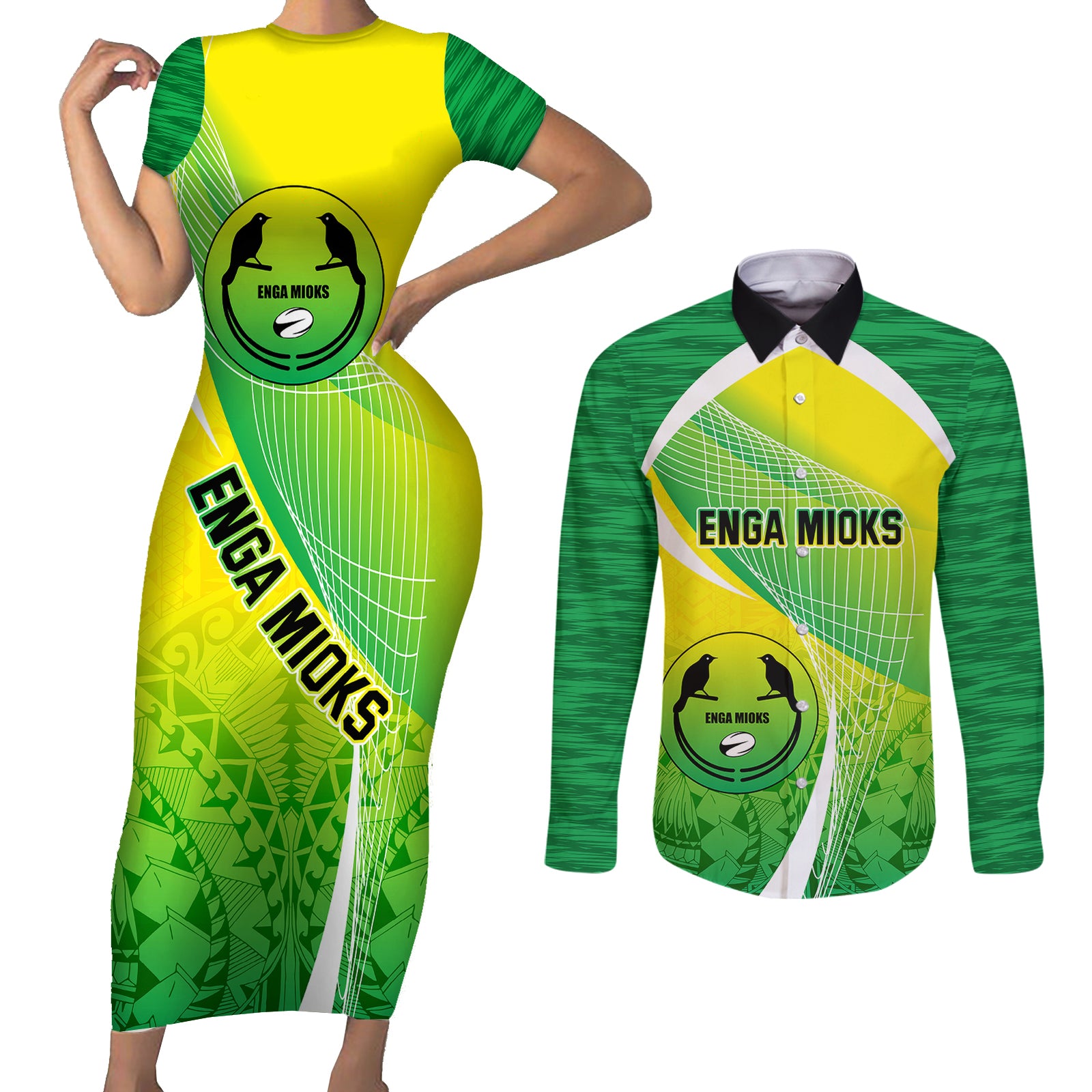 Custom Enga Mioks Rugby Couples Matching Short Sleeve Bodycon Dress and Long Sleeve Button Shirts Papua New Guinea Polynesian Tattoo LT03 Green - Polynesian Pride