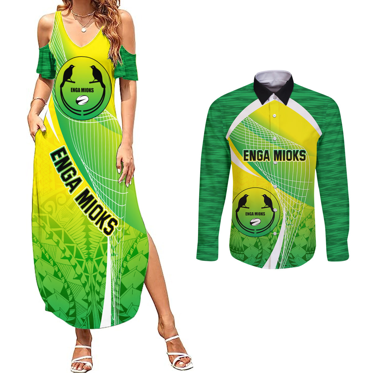 Custom Enga Mioks Rugby Couples Matching Summer Maxi Dress and Long Sleeve Button Shirts Papua New Guinea Polynesian Tattoo LT03 Green - Polynesian Pride