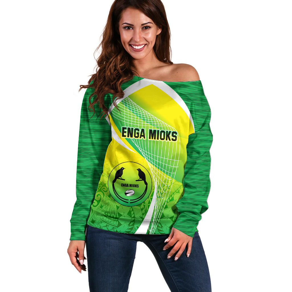 Custom Enga Mioks Rugby Off Shoulder Sweater Papua New Guinea Polynesian Tattoo LT03 Women Green - Polynesian Pride