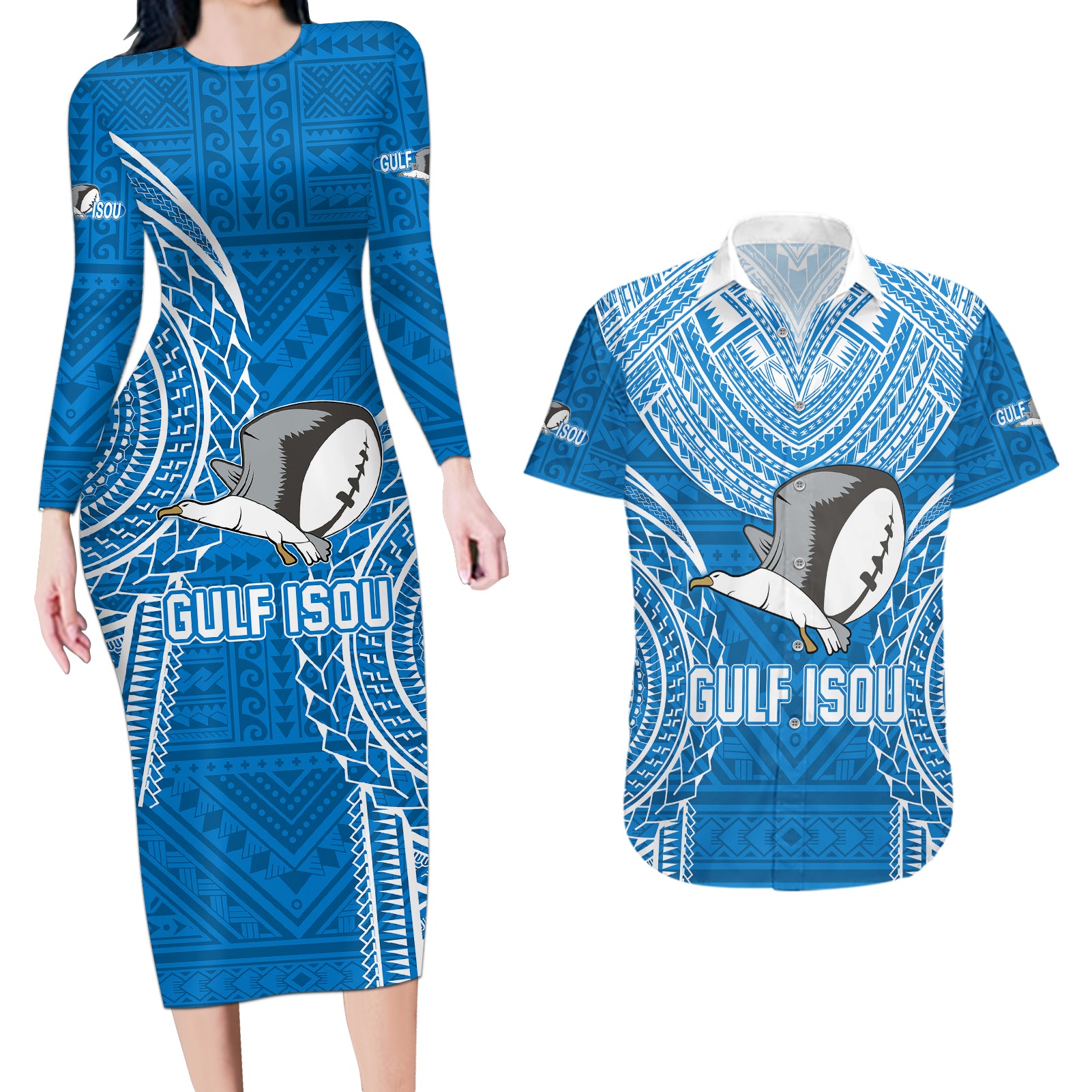 Gulf Isou Rugby Couples Matching Long Sleeve Bodycon Dress and Hawaiian Shirt Papua New Guinea Polynesian Tattoo LT03 Blue - Polynesian Pride