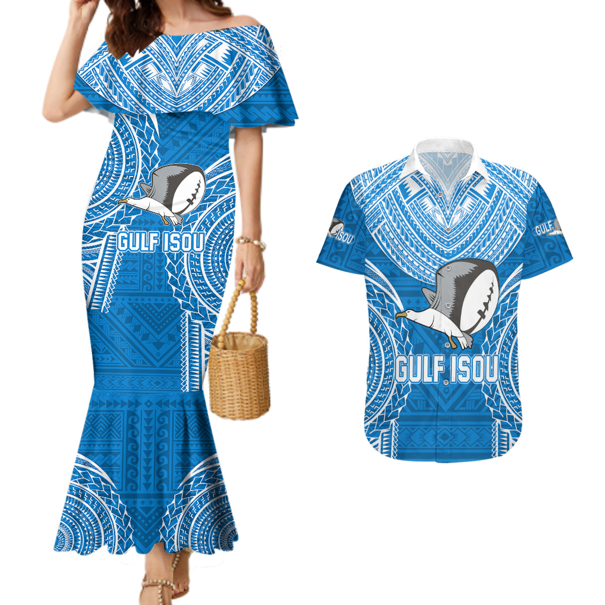 Gulf Isou Rugby Couples Matching Mermaid Dress and Hawaiian Shirt Papua New Guinea Polynesian Tattoo LT03 Blue - Polynesian Pride