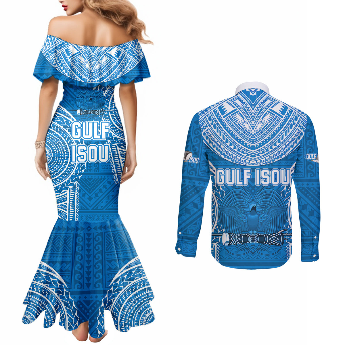 Gulf Isou Rugby Couples Matching Mermaid Dress and Long Sleeve Button Shirts Papua New Guinea Polynesian Tattoo LT03 - Polynesian Pride