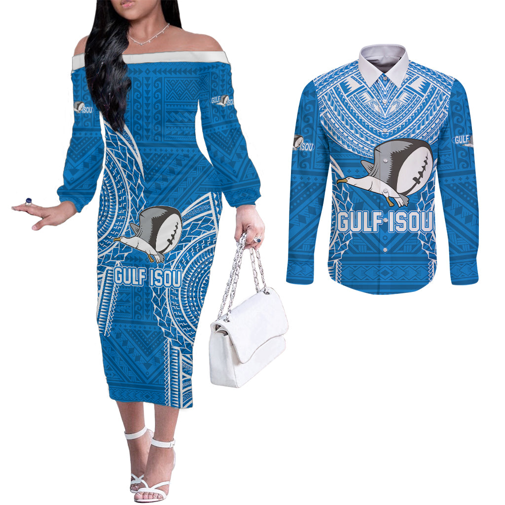 Gulf Isou Rugby Couples Matching Off The Shoulder Long Sleeve Dress and Long Sleeve Button Shirts Papua New Guinea Polynesian Tattoo LT03 Blue - Polynesian Pride
