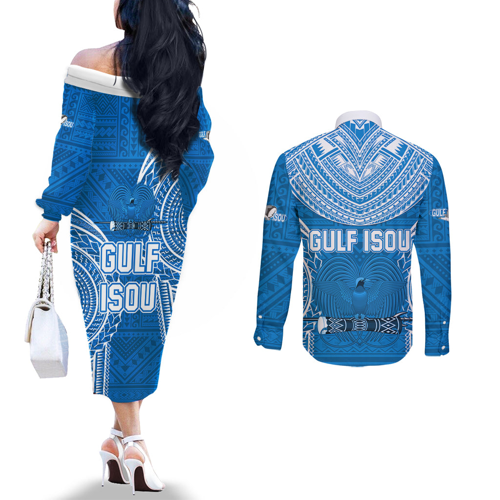 Gulf Isou Rugby Couples Matching Off The Shoulder Long Sleeve Dress and Long Sleeve Button Shirts Papua New Guinea Polynesian Tattoo LT03 - Polynesian Pride