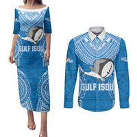 Gulf Isou Rugby Couples Matching Puletasi Dress and Long Sleeve Button Shirts Papua New Guinea Polynesian Tattoo LT03 Blue - Polynesian Pride