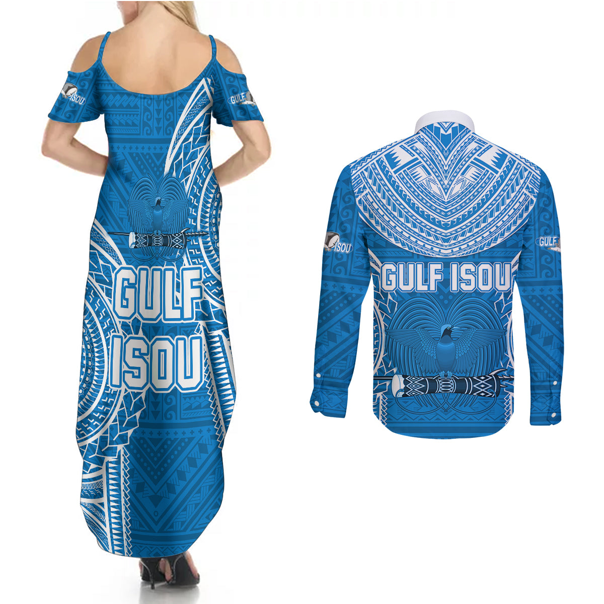 Gulf Isou Rugby Couples Matching Summer Maxi Dress and Long Sleeve Button Shirts Papua New Guinea Polynesian Tattoo LT03 - Polynesian Pride