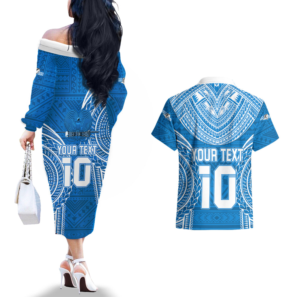 Custom Gulf Isou Rugby Couples Matching Off The Shoulder Long Sleeve Dress and Hawaiian Shirt Papua New Guinea Polynesian Tattoo LT03 - Polynesian Pride