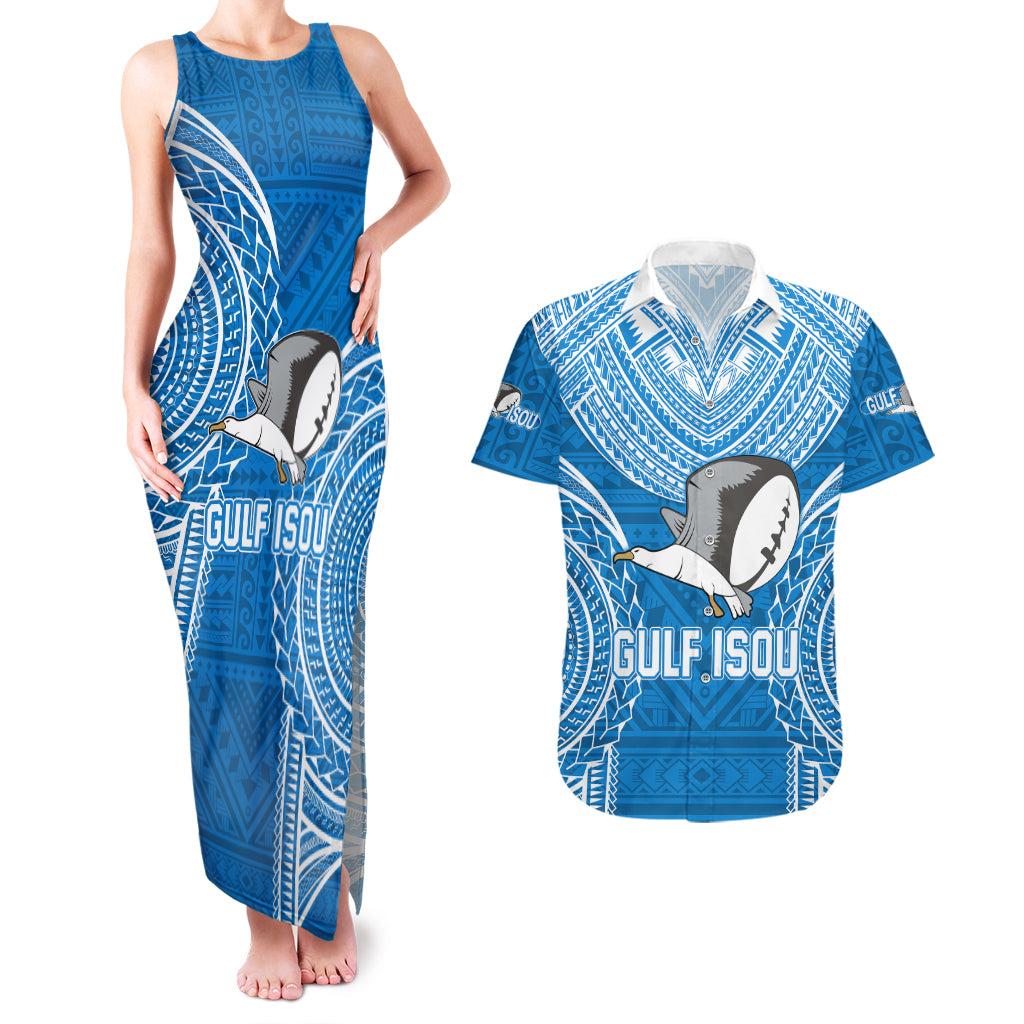 Custom Gulf Isou Rugby Couples Matching Tank Maxi Dress and Hawaiian Shirt Papua New Guinea Polynesian Tattoo LT03 Blue - Polynesian Pride
