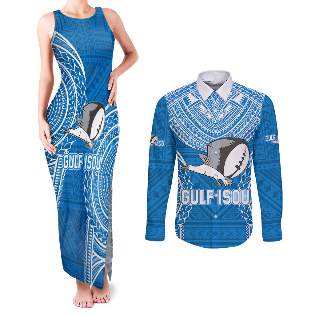 Custom Gulf Isou Rugby Couples Matching Tank Maxi Dress and Long Sleeve Button Shirts Papua New Guinea Polynesian Tattoo LT03 Blue - Polynesian Pride