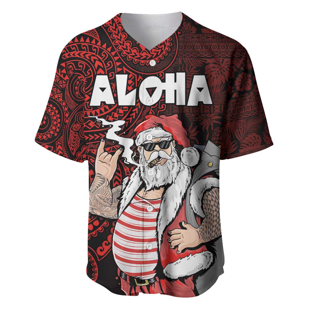 Hawaii Aloha Santa Claus Funny Polynesian Tattoo Baseball Jersey Red Color