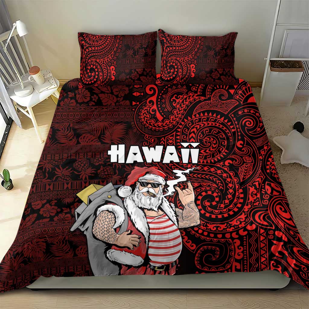 Hawaii Aloha Santa Claus Funny Polynesian Tattoo Bedding Set Red Color